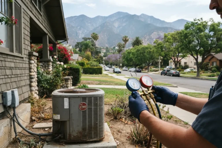 Technician checking refrigerant pressure on an outdoor AC unit