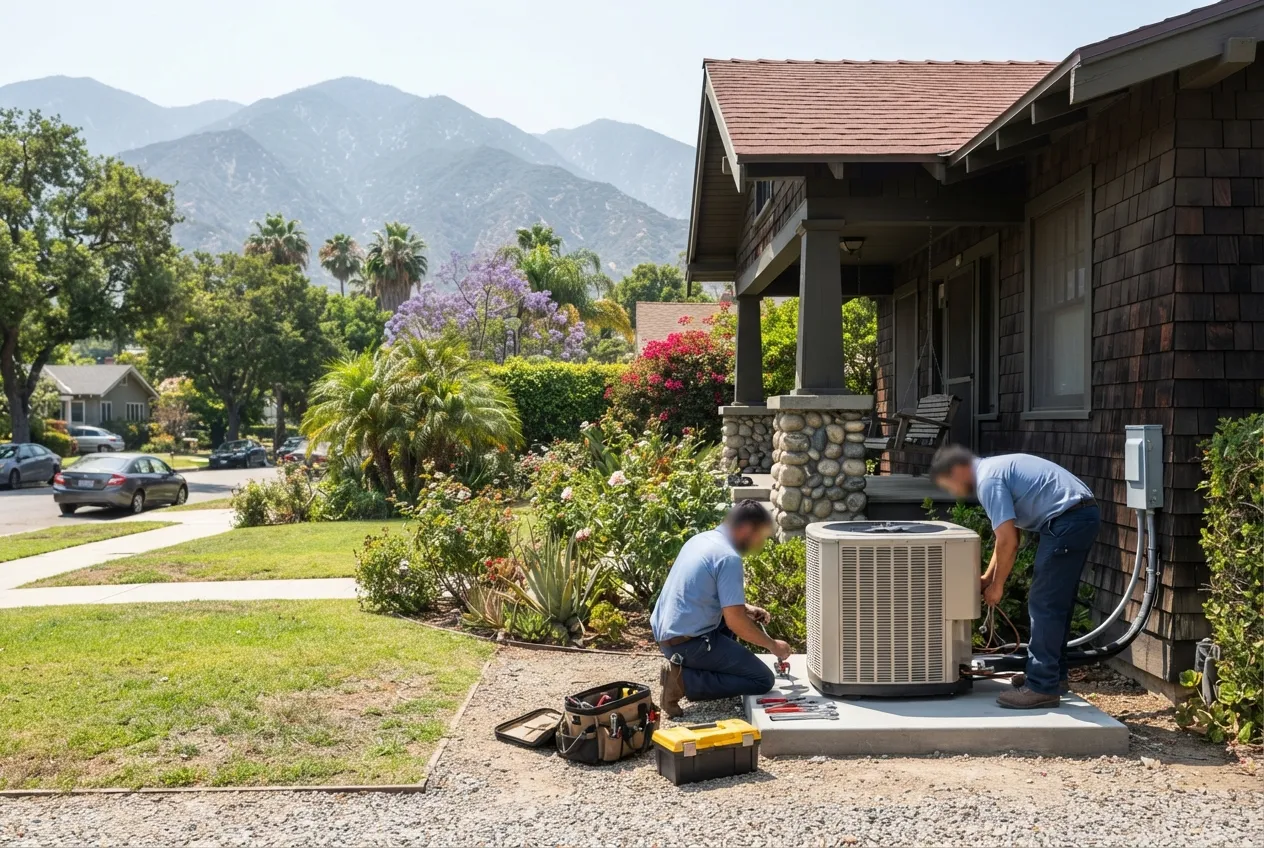 Technicians installing a new outdoor air conditioning unit beside a home